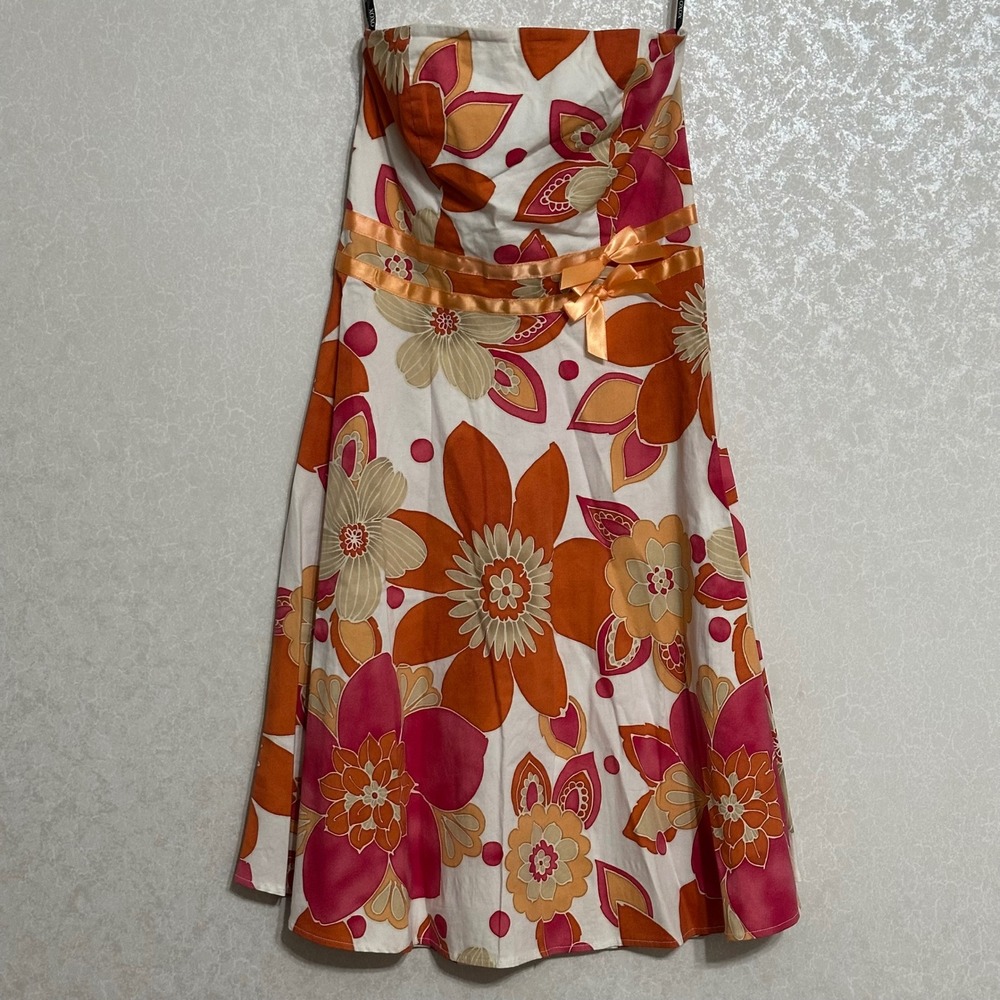XOXO Retro‎ Floral Strapless Mini Dress Fit & Flare Bow White Orange & Pink Sz 5